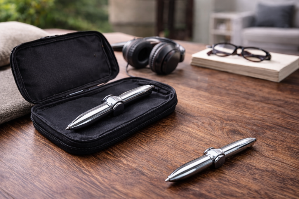 Two sleek metallic fidget pens displayed on a wooden desk, one placed inside an open black carrying case and the other resting beside it, with a coffee mug, notebooks, smartphone, and a small potted plant softly blurred in the background.